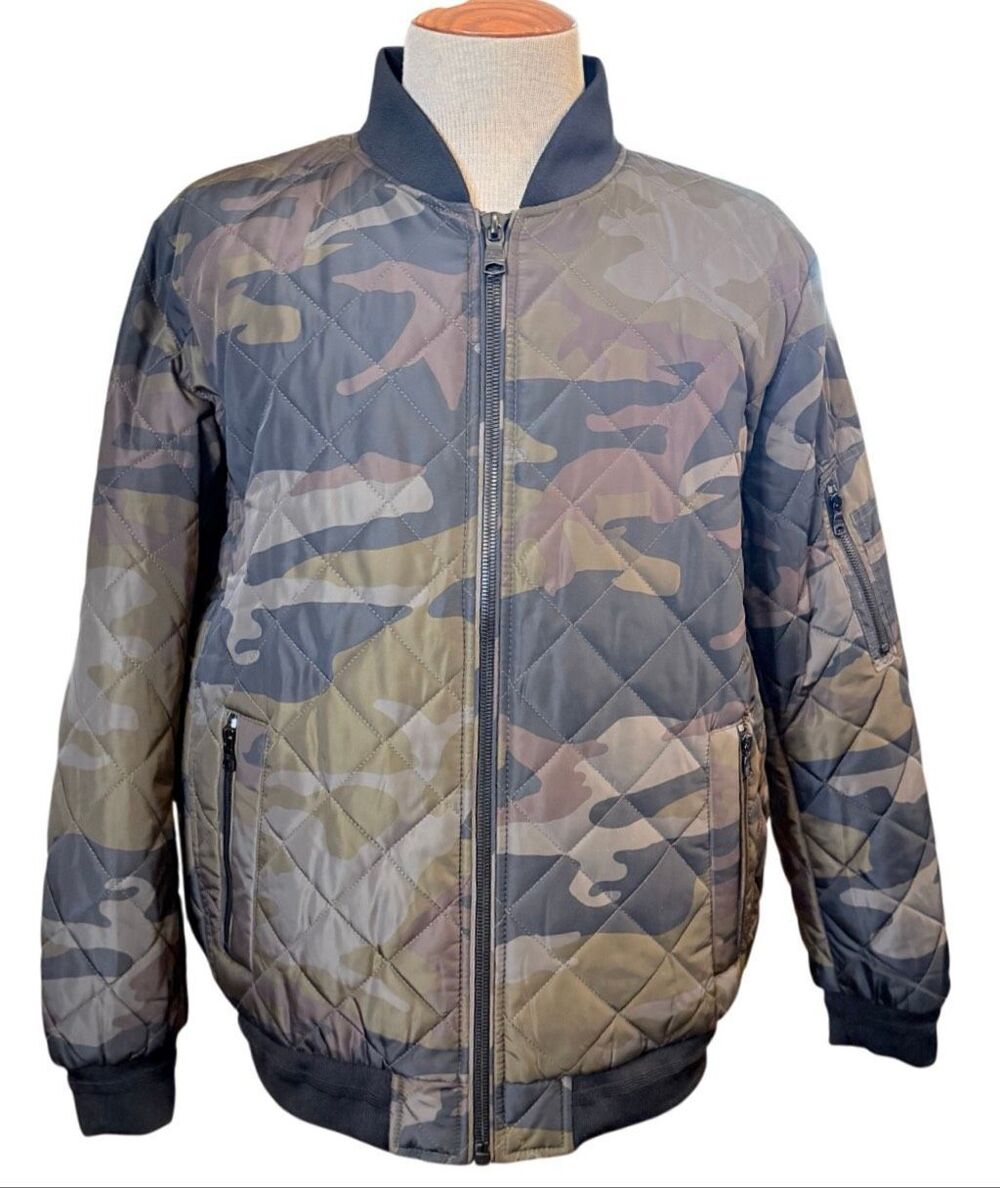 Calvin Klein Men's Quilted Bomber Flight Jacket  Green Olive Camo Large